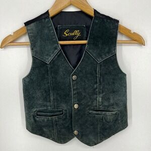 Scully Kids Green Suede Leather Western Vest Silver Tone Button Snap Size S